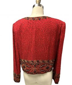 Vintage Laurence Kazar Red Silk Beaded Jacket Womens Large 80s Evening - Fashionconstellate.com