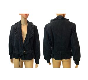 70s 80s Black Suede Bomber Jacket with Ruffle Collar & Belt