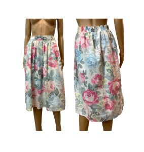 70s 80s Pastel Cottage Rose Print Pleated Midi Skirt