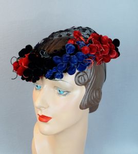 40s Black, Red and Blue Velvet Open Crown Wreath Hat