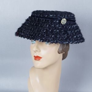 50s Navy Blue Straw Mushroom Brim Hat by Evelyn Varon