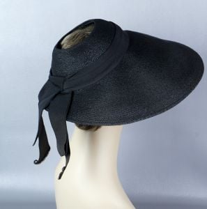 50s Black Straw Open Crown Wide Brim Hat by Evelyn Varon