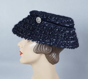 50s Navy Blue Straw Mushroom Brim Hat by Evelyn Varon - Fashionconstellate.com