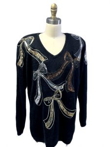 VTG Black Angora Sweater REDiffusion Knit Beaded Gold Bows L Huge Shoulders 1980s