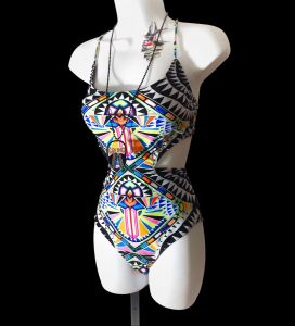 1990s Graphic Print Monokini Swimsuit with Cutouts - Fashionconstellate.com