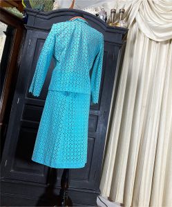Teal Eyelet Skirt Set, 2 piece Set Blazer with Midi Skirt - Fashionconstellate.com