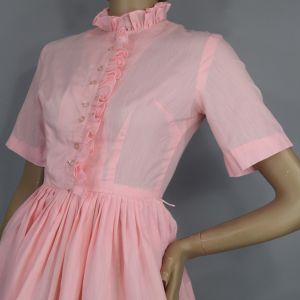 Pink Ruffle Collar Cotton Vintage 60s Full Skirt Day Dress XS Petite - Fashionconstellate.com