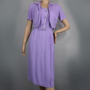 Lavender Purple Linen Vintage 60s Dress & Crop Jacket Set M