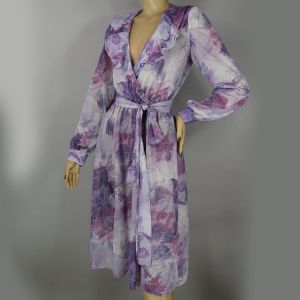 Purple Soft Floral and Metallic Gold Vintage 70s Ruffled Disco Era Midi Dress