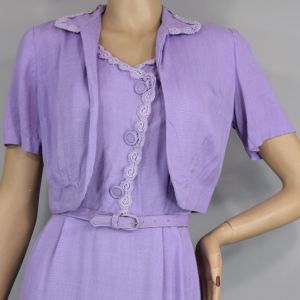 Lavender Purple Linen Vintage 60s Dress & Crop Jacket Set M - Fashionconstellate.com