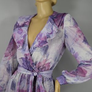Purple Soft Floral and Metallic Gold Vintage 70s Ruffled Disco Era Midi Dress - Fashionconstellate.com
