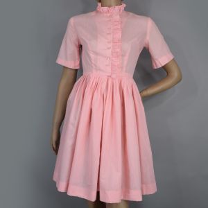 Pink Ruffle Collar Cotton Vintage 60s Full Skirt Day Dress XS Petite