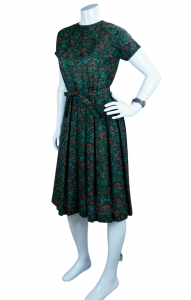 60s Green Floral Dress w/ Box Pleated Skirt - Fashionconstellate.com