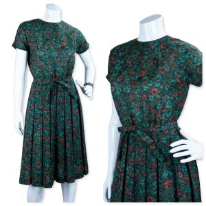 60s Green Floral Dress w/ Box Pleated Skirt