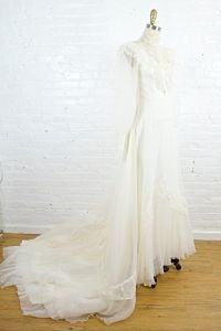 1970s Victorian style lace wedding dress with high neck . 70s gown with bishop sleeves . x small  - Fashionconstellate.com