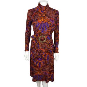 Vintage 1970s Psych Dress Georges Besson Paris w Astrological Belt Buckle Size M