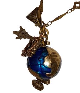 Vintage 1990s Fancy Long Necklace Enamel Bronze Metal Globe
