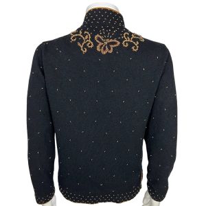 Vintage 1950s Beaded Sweater Bronze Flowers on Black Lambswool Ladies Size 40 - Fashionconstellate.com