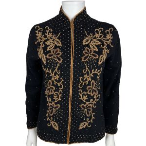 Vintage 1950s Beaded Sweater Bronze Flowers on Black Lambswool Ladies Size 40
