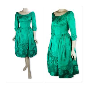 50s Green Damask Full Skirt Party Dress