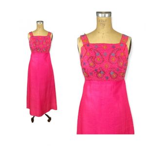 1960s hot pink silk gown with beaded bodice by Sarff Zumpano