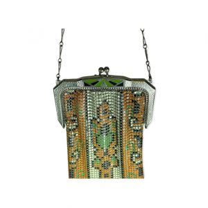 1920s enamel mesh bag by Whiting and Davis orange green with painted frame - Fashionconstellate.com