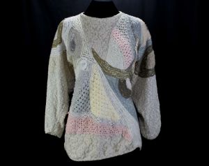 Size 14 Collage Pullover - 1980s Artsy Mixed Media Pastel Sweater - Large 80s Textured Chenille Lace