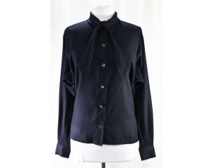 90s Designer Shirt - State of Claude Montana Label Bergdorf Goodman - Navy Wool Challis Top - Large  - Fashionconstellate.com