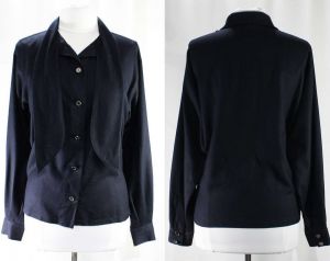 90s Designer Shirt - State of Claude Montana Label Bergdorf Goodman - Navy Wool Challis Top - Large 