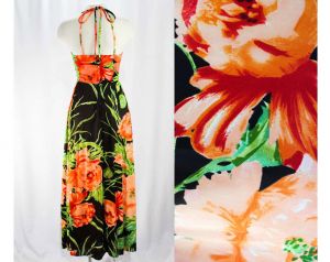 XS 1970s Sun Dress - Strappy Lolita Chic 70s Bright Floral - Orange Green Black - Tropical Resort  - Fashionconstellate.com