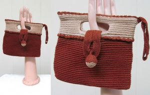 Vintage 1930s Purse, 30s Two-tone Rust Beige Cotton Crochet Clutch Bag