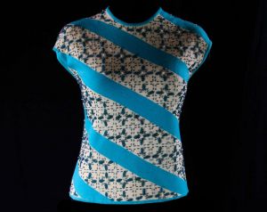 Size 8 Exquisite Cocktail Top - 60s Beaded Sleeveless Spiral Striped Shell - 1960s Turquoise Blue 