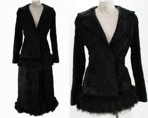 Size 6 1930s Fur Coat - Rare 30s Black Sheared Lamb Winter Overcoat with Zip-Away Hem - Feather Trim