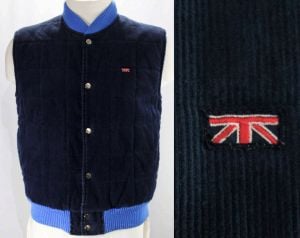 Mens Small Blue Vest - 1970s Corduroy Men's Vest by Brittania - Sleeveless Puffy Jacket - Navy Quilt