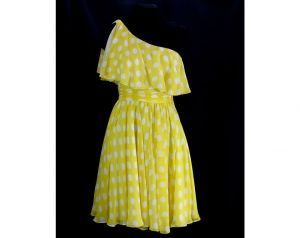 Size 4 Cocktail Mini Dress - Fabulous 1960s Yellow Polka Dot Silk Chiffon Party - One Bare Shoulder 