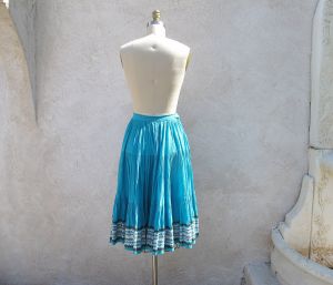1950's Mexican Full Circle Skirt, XS, Turquoise Fiesta, Patio, Tiered, Rick Rack, Southwest Skirt - Fashionconstellate.com
