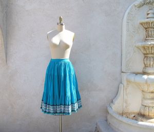 1950's Mexican Full Circle Skirt, XS, Turquoise Fiesta, Patio, Tiered, Rick Rack, Southwest Skirt