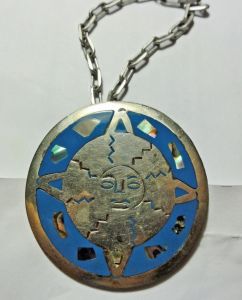 Vintage Alpaca Sun Face Brooch Pendant & Chain Silver Turquoise Abalone Converts Pin to Pendant - Fashionconstellate.com