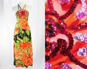XS 1970s Sun Dress - Strappy Lolita Chic 70s Bright Floral - Orange Green Black - Tropical Resort 