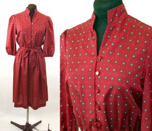 1980s secretary dress skirt dress stand up collar geometric red poly dress Size S/M