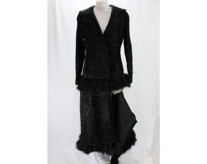 Size 6 1930s Fur Coat - Rare 30s Black Sheared Lamb Winter Overcoat with Zip-Away Hem - Feather Trim - Fashionconstellate.com