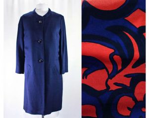 Size 14 Navy Coat - Large 1960s Dark Blue Tailored Coat - Mod 60s Red Daisy Print Silk Flash Lining 