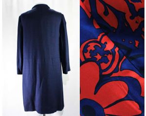 Size 14 Navy Coat - Large 1960s Dark Blue Tailored Coat - Mod 60s Red Daisy Print Silk Flash Lining  - Fashionconstellate.com