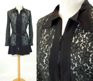 1930s blouse black lace tunic mini dress zip front belted Size M