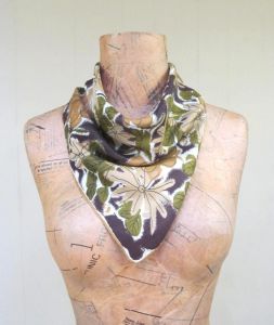 Vintage 1970s Floral Scarf, 70s Earthtone Acetate Square 22''