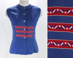 Size 6 McMullen Blouse - 1950s Blue Fine Linen Tailored Top - Red Nautical Flags Shirt - 4th of July