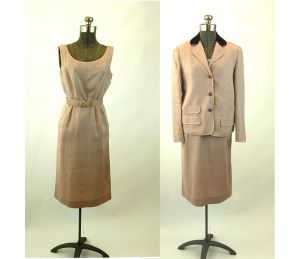 1950s linen dress suit velvet collar three button jacket wiggle dress with belt mauve tan Size S/M