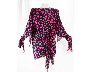 Size 12 Polka Dot Silk Shirt - Designer Pink & Black Print Top - Bow Tied Shoulder and Open Sleeve