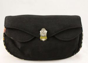 Sweet 1950s Evening Purse - Black Crepe Clutch Bag with Embroidered Pink Floral Panel - 40s 50s 