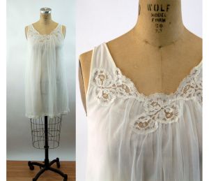 Chiffon nightgown ivory sheer nightie shirt nightgown Kayser lace bridal honeymoon Size S/M